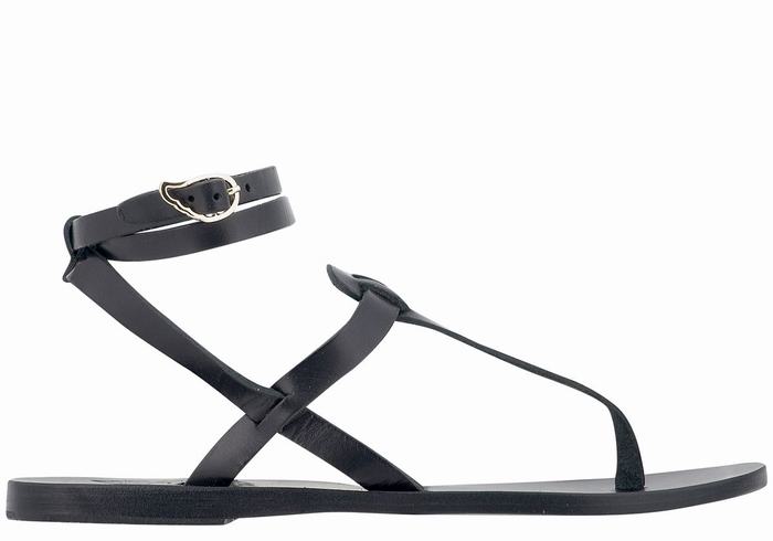 Women Ancient Greek Sandals Estia Leather Ankle Strap Sandals Black | GNQ6932NO