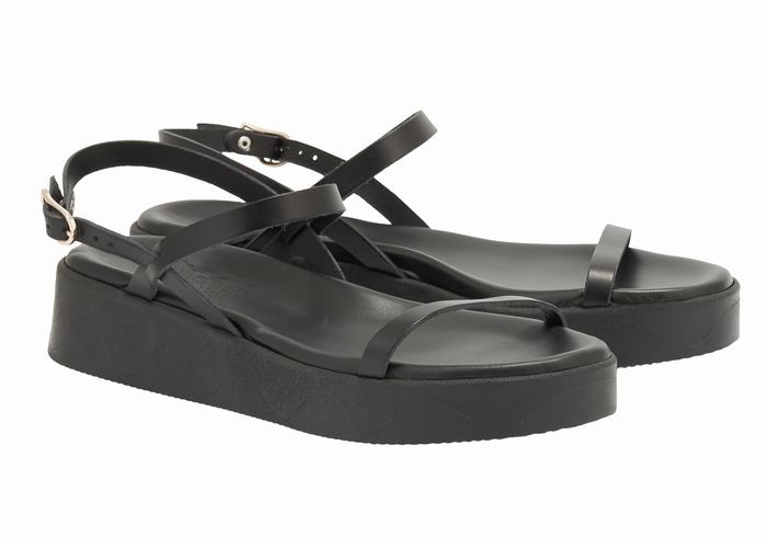 Women Ancient Greek Sandals Evriali Leather Platform Sandals Black | NID4492VW