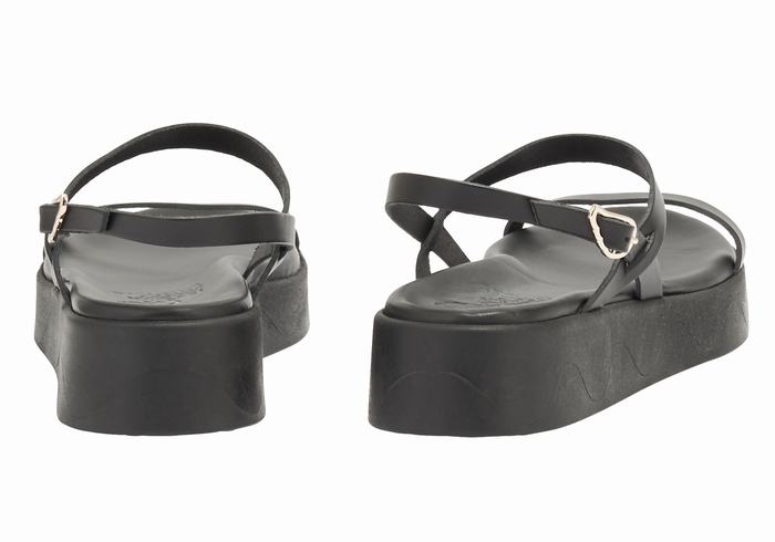 Women Ancient Greek Sandals Evriali Leather Platform Sandals Black | NID4492VW