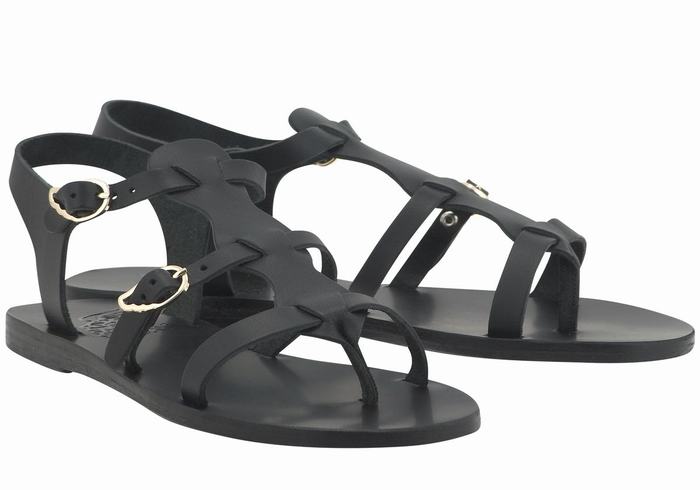 Women Ancient Greek Sandals Grace Kelly Leather Casual Sandals Black | NXC856HG