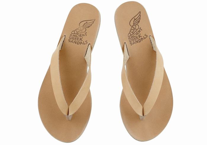 Women Ancient Greek Sandals Hera Leather Flip Flops Beige | JLG8393AO