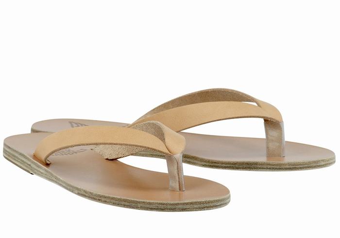 Women Ancient Greek Sandals Hera Leather Flip Flops Beige | JLG8393AO