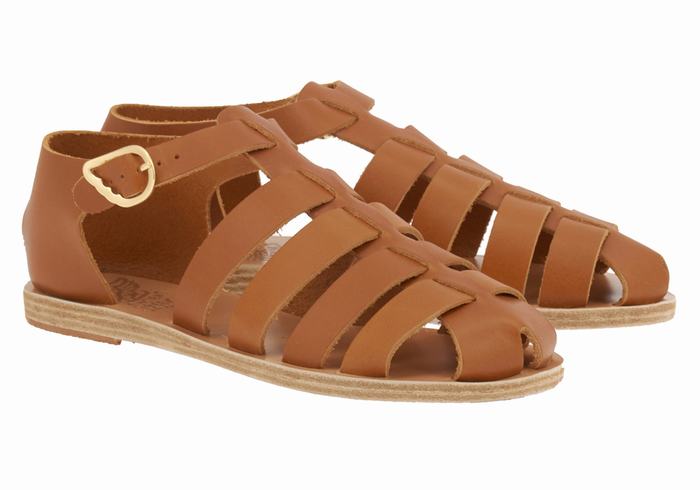 Women Ancient Greek Sandals Homeria Leather Fisherman Sandals Dark Brown | KJQ1128CI