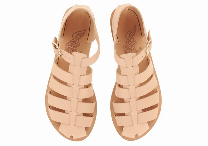 Women Ancient Greek Sandals Homeria Leather Fisherman Sandals Beige | TDN453WV