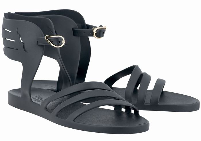 Women Ancient Greek Sandals Ikaria Ankle Strap Sandals Black | HUM4711MS