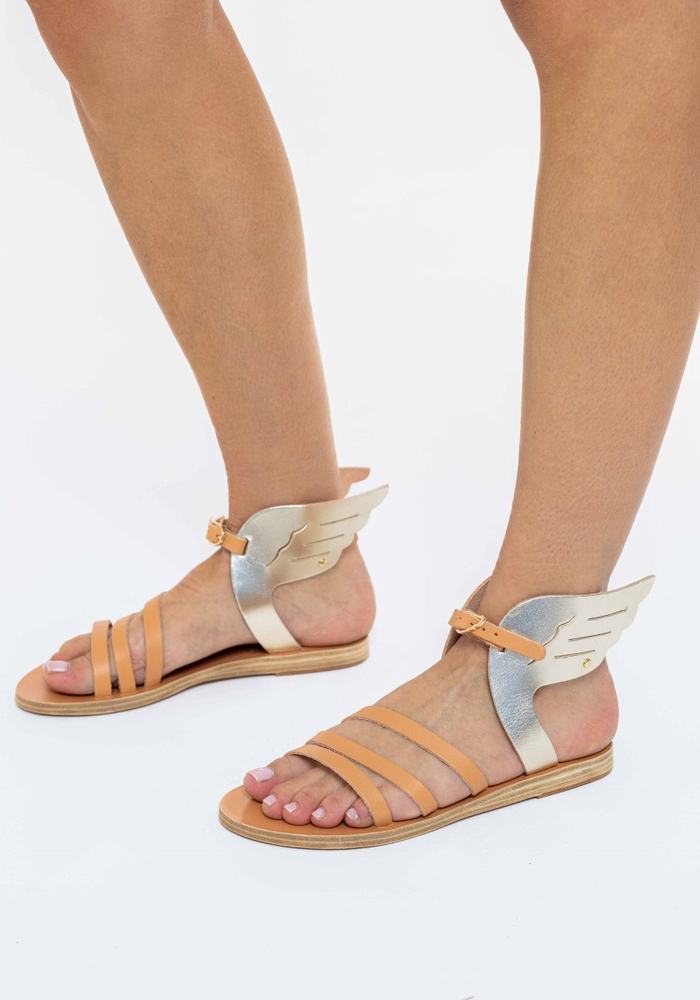 Women Ancient Greek Sandals Ikaria Leather Ankle Strap Sandals Beige Gold White | HJX3452IS