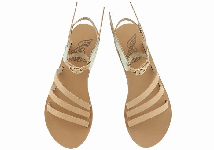 Women Ancient Greek Sandals Ikaria Leather Ankle Strap Sandals Beige Gold White | HJX3452IS