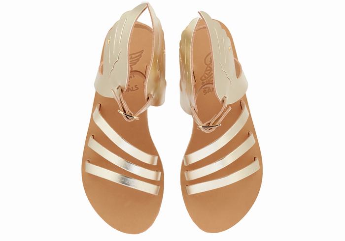 Women Ancient Greek Sandals Ikaria Leather Ankle Strap Sandals Gold White | BRO3464ZL