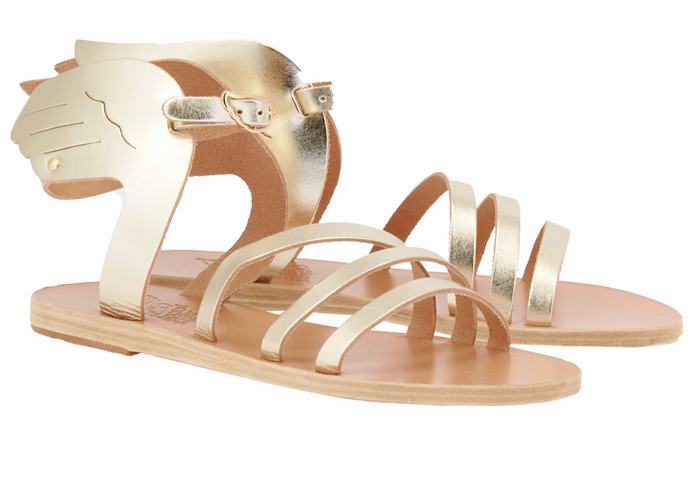 Women Ancient Greek Sandals Ikaria Leather Ankle Strap Sandals Gold White | BRO3464ZL