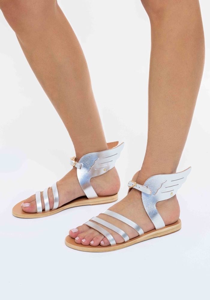 Women Ancient Greek Sandals Ikaria Leather Ankle Strap Sandals Silver | RZY503ZC