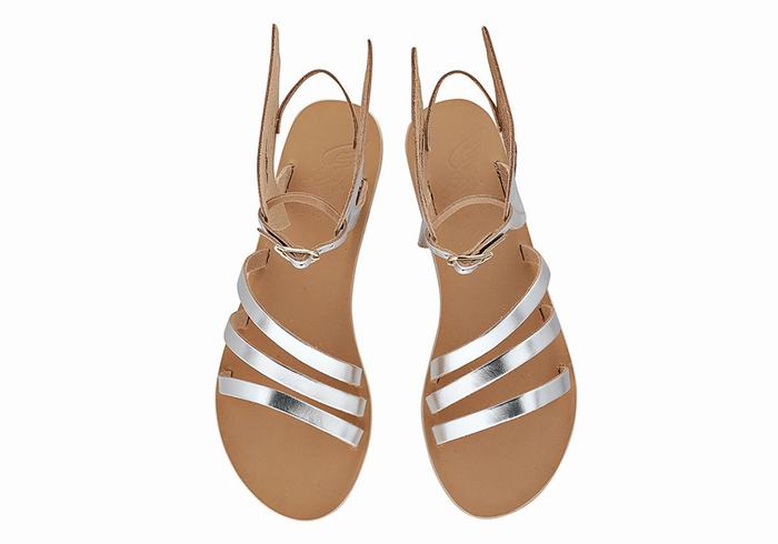 Women Ancient Greek Sandals Ikaria Leather Ankle Strap Sandals Silver | RZY503ZC