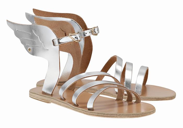 Women Ancient Greek Sandals Ikaria Leather Ankle Strap Sandals Silver | RZY503ZC