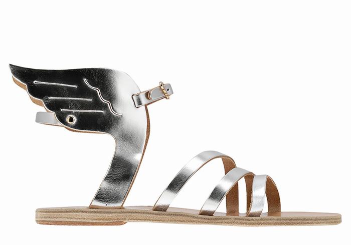 Women Ancient Greek Sandals Ikaria Leather Ankle Strap Sandals Silver | RZY503ZC