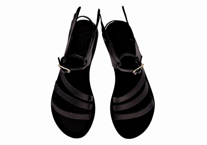 Women Ancient Greek Sandals Ikaria Leather Ankle Strap Sandals Black | SOD1198PV