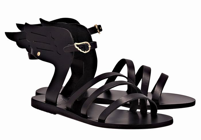 Women Ancient Greek Sandals Ikaria Leather Ankle Strap Sandals Black | SOD1198PV