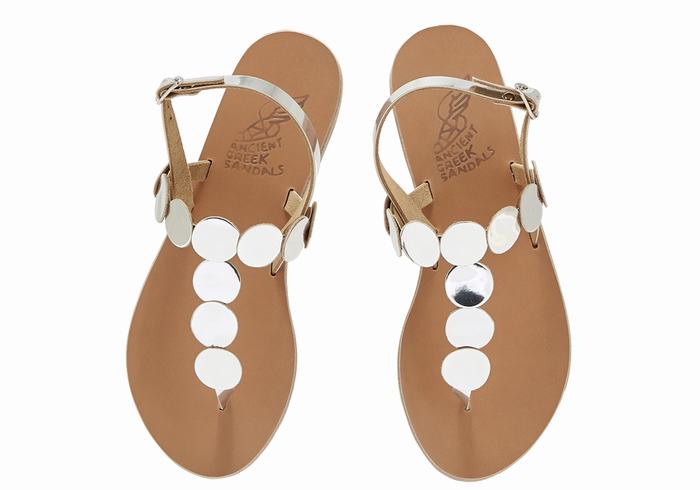 Women Ancient Greek Sandals Ilios Flip Flop Leather Back-Strap Sandals Silver | DQB864TF