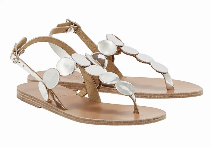 Women Ancient Greek Sandals Ilios Flip Flop Leather Back-Strap Sandals Silver | DQB864TF