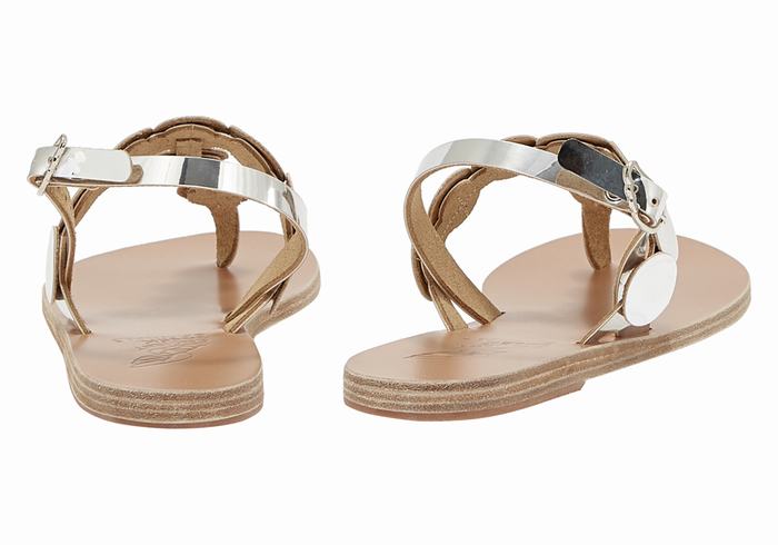 Women Ancient Greek Sandals Ilios Flip Flop Leather Back-Strap Sandals Silver | DQB864TF