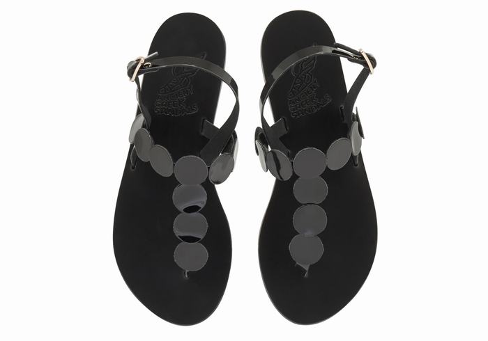 Women Ancient Greek Sandals Ilios Flip Flop Leather Back-Strap Sandals Black | OGM4752WW