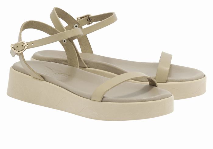 Women Ancient Greek Sandals Irida Leather Platform Sandals Grey Brown | AES2932WC