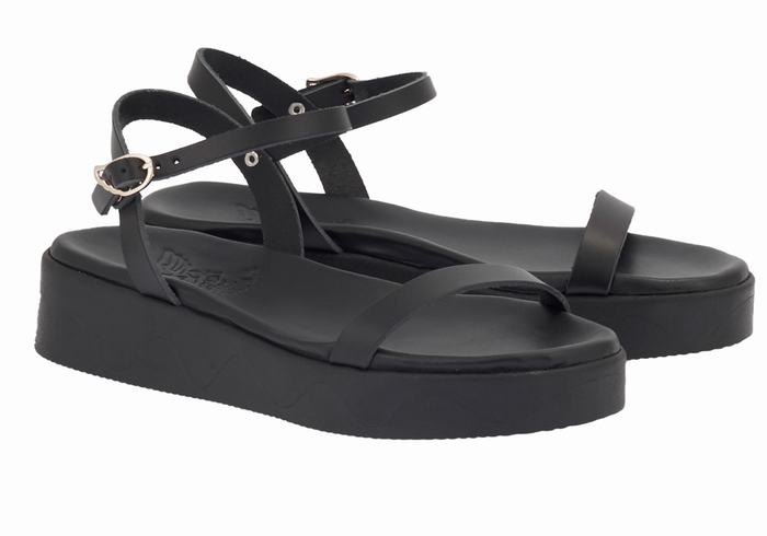 Women Ancient Greek Sandals Irida Leather Platform Sandals Black | EZB1111JO