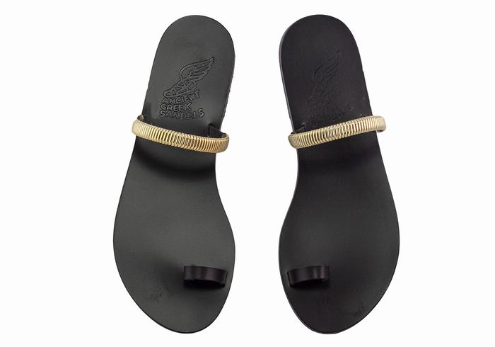 Women Ancient Greek Sandals Konaki Toe-Post Sandals Black Gold | OJH3726MF