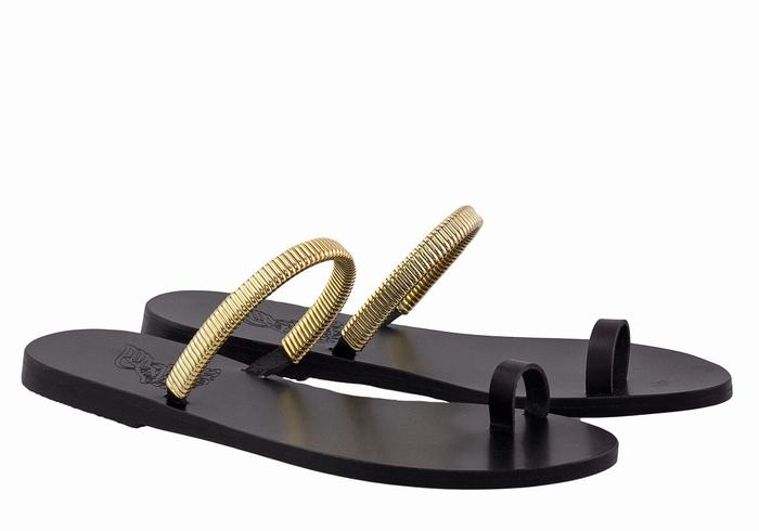 Women Ancient Greek Sandals Konaki Toe-Post Sandals Black Gold | OJH3726MF