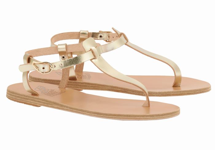 Women Ancient Greek Sandals Lito Flip Flop Leather Back-Strap Sandals Gold White | VRK5263VY