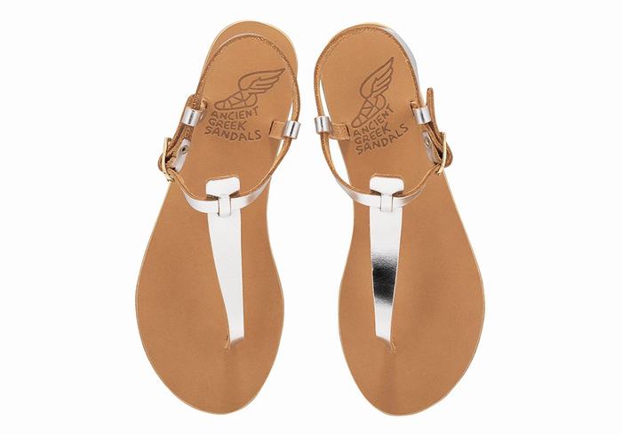 Women Ancient Greek Sandals Lito Flip Flop Leather Back-Strap Sandals Silver | RYF6223YX