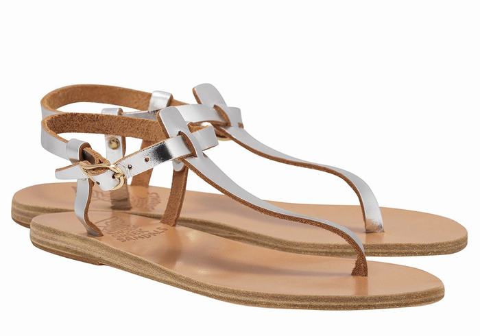 Women Ancient Greek Sandals Lito Flip Flop Leather Back-Strap Sandals Silver | RYF6223YX