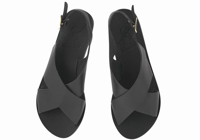 Women Ancient Greek Sandals Maria Leather Casual Sandals Black | EVX2730NV