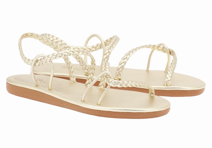 Women Ancient Greek Sandals Maya Braided Sandals Gold White | INX5296IQ