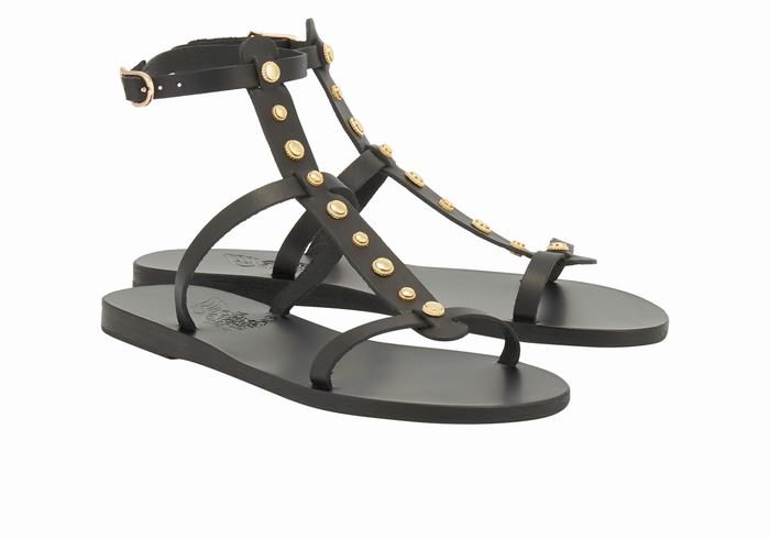 Women Ancient Greek Sandals Meliti Bee Ankle Strap Sandals Black | WTI6916XQ