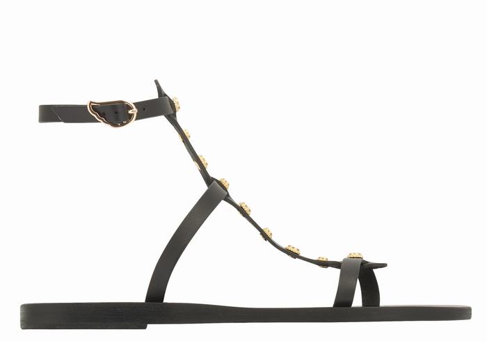 Women Ancient Greek Sandals Meliti Bee Ankle Strap Sandals Black | WTI6916XQ