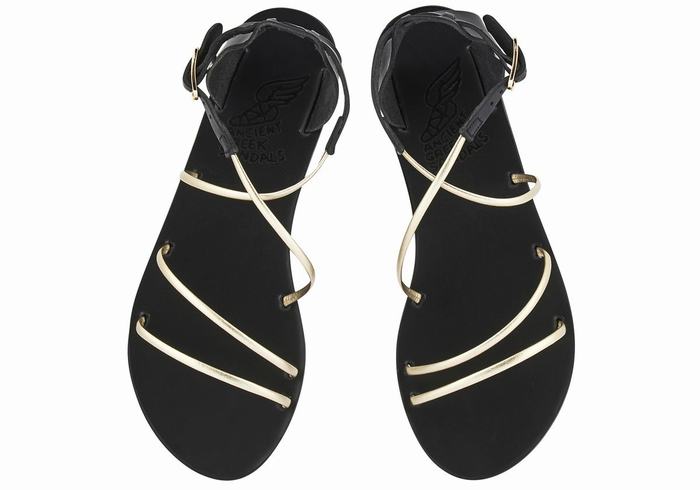 Women Ancient Greek Sandals Meloivia Ankle Strap Sandals Black Gold White | IQM9565CD