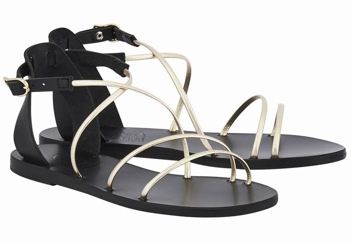 Women Ancient Greek Sandals Meloivia Ankle Strap Sandals Black Gold White | IQM9565CD