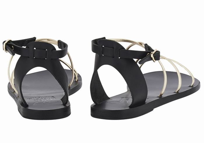 Women Ancient Greek Sandals Meloivia Ankle Strap Sandals Black Gold White | IQM9565CD