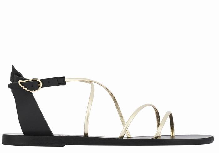 Women Ancient Greek Sandals Meloivia Ankle Strap Sandals Black Gold White | IQM9565CD