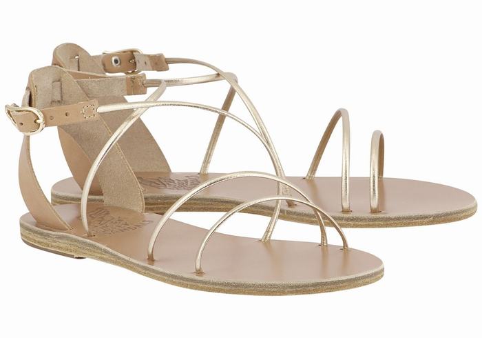 Women Ancient Greek Sandals Meloivia Ankle Strap Sandals Beige Gold White | UDI172QK