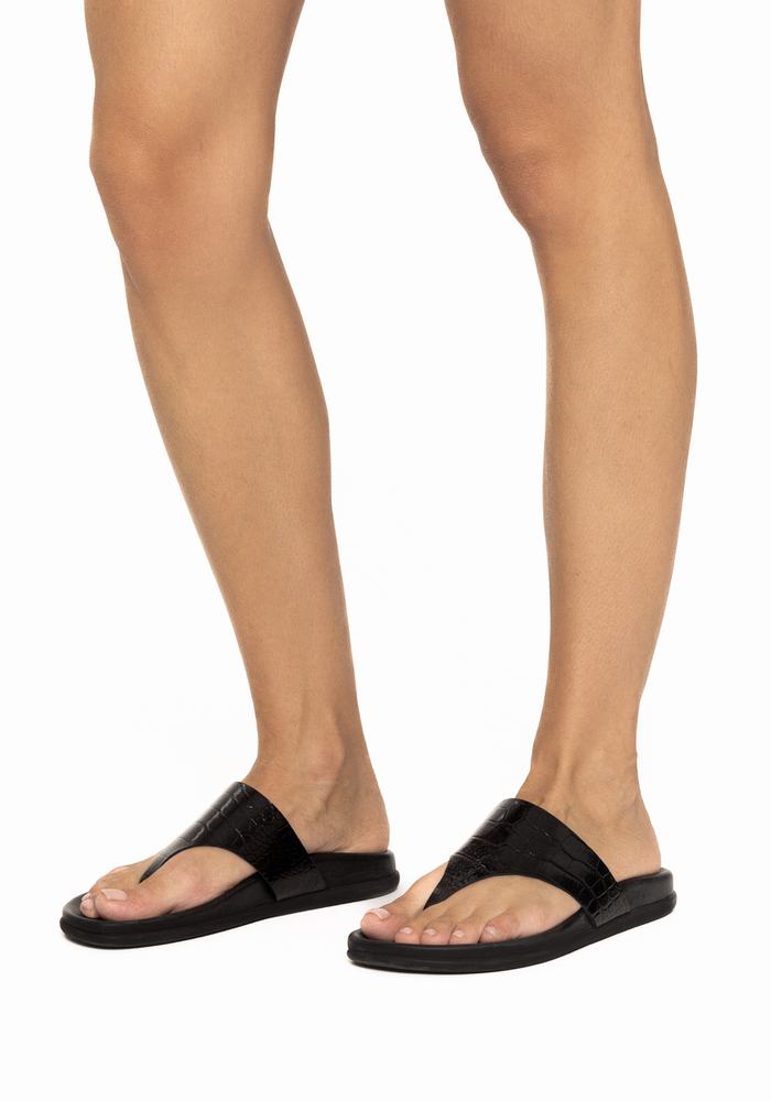 Women Ancient Greek Sandals Mera Footbed Flip Flops Black | OIO3732JF