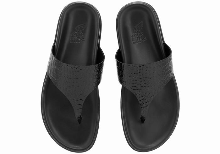 Women Ancient Greek Sandals Mera Footbed Flip Flops Black | OIO3732JF