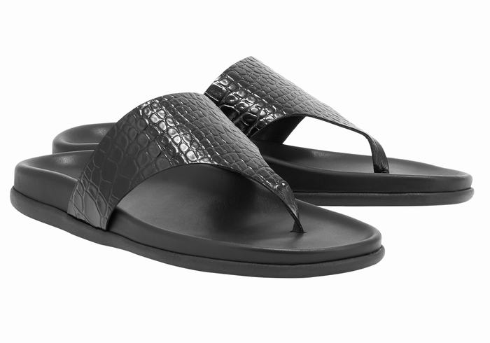 Women Ancient Greek Sandals Mera Footbed Flip Flops Black | OIO3732JF