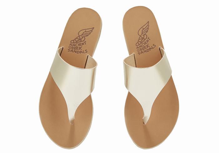 Women Ancient Greek Sandals Mera Leather Flip Flops Gold White | VGG1765CD