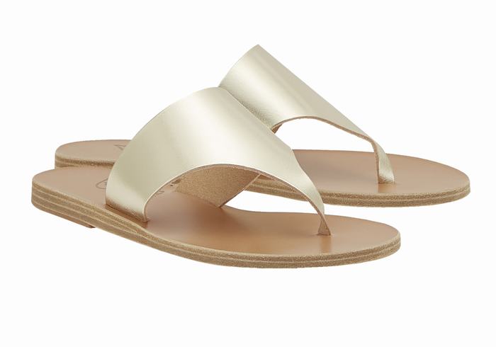 Women Ancient Greek Sandals Mera Leather Flip Flops Gold White | VGG1765CD