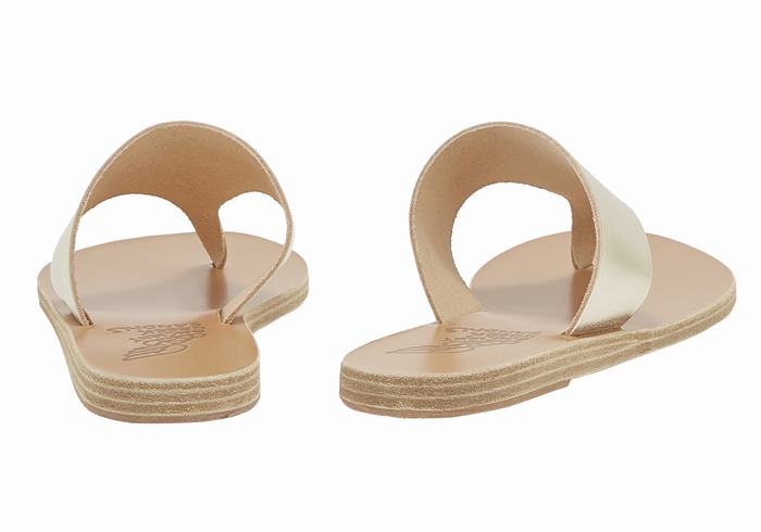 Women Ancient Greek Sandals Mera Leather Flip Flops Gold White | VGG1765CD