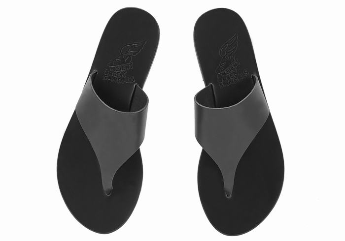 Women Ancient Greek Sandals Mera Leather Flip Flops Black | EHK5824WI