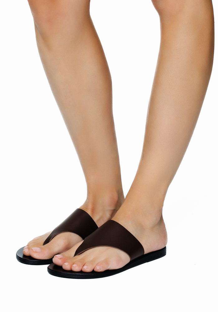 Women Ancient Greek Sandals Mera Leather Flip Flops Black | EHK5824WI