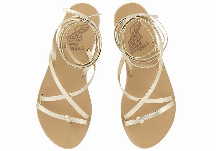 Women Ancient Greek Sandals Morfi Leather Gladiator Sandals Gold White | VEA1310SA