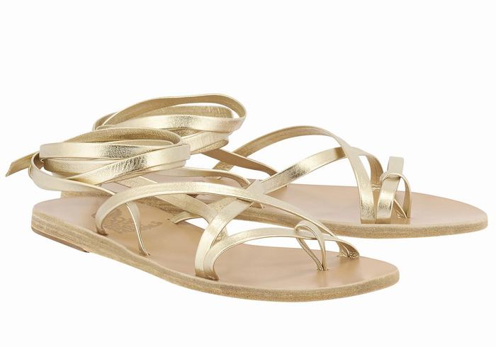 Women Ancient Greek Sandals Morfi Leather Gladiator Sandals Gold White | VEA1310SA