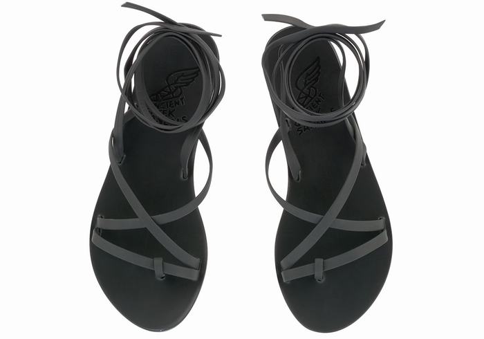 Women Ancient Greek Sandals Morfi Leather Gladiator Sandals Black | FEA7961LN